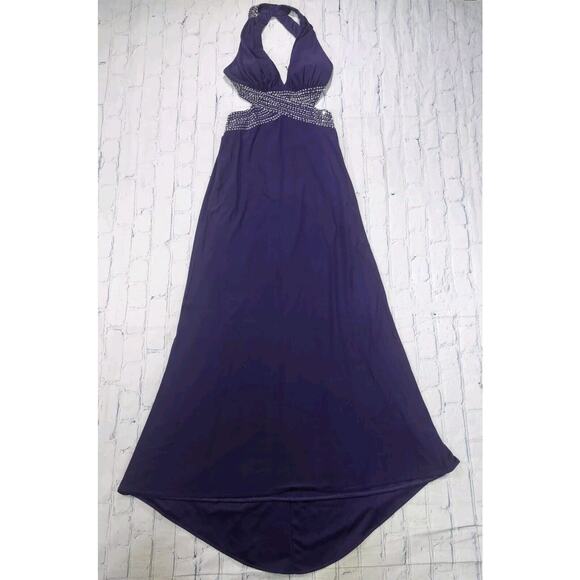 Betsy & Adam WOMENS SIZE 0 Purple Metallic Halter Formal Evening Dress Gown - Picture 1 of 16